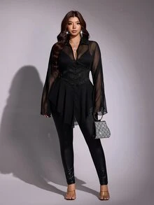 Viva Relle Plus-Size Women's Asymmetrical Hem Sheer Sensual Shirt - Black - View 3