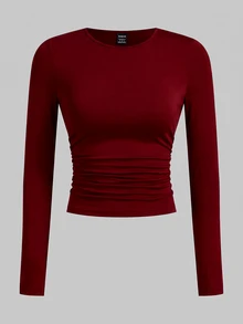 SHEIN EZwear 多色針織女款修身T恤 - 酒紅色 - 查看 5