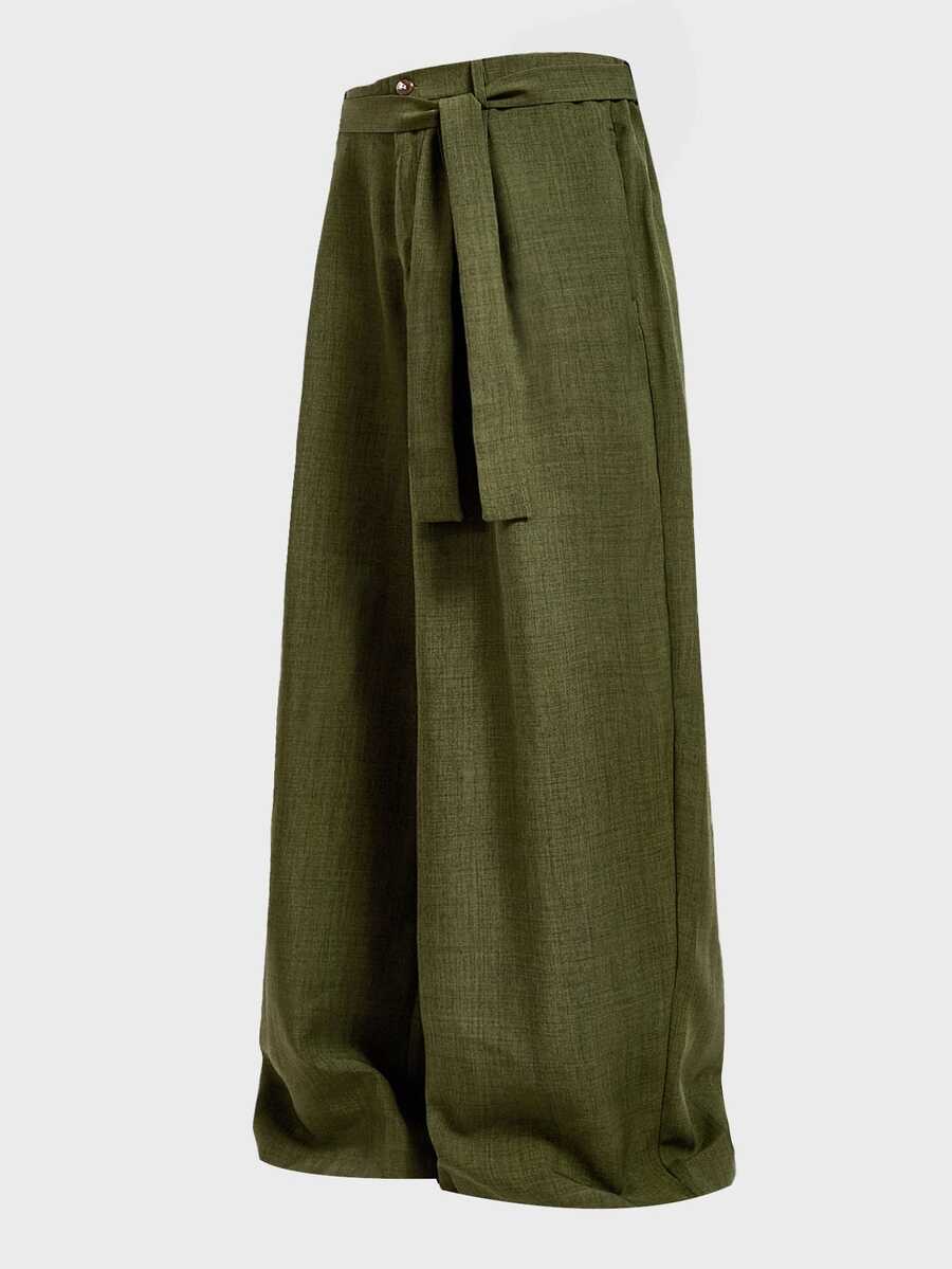 EASEVO Men's Plus Size Solid Color Waist Knot Wide Leg Loose Long Pants - Army Green - View 1
