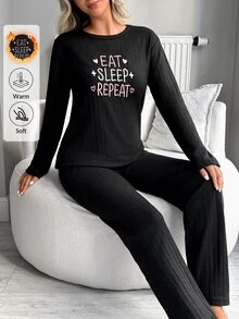 SHEIN طقم بيجامة نسائي بأكمام طويلة وبنطال مع شعار "أكل، نوم، تكرار" - الأسود - مشاهدة 6