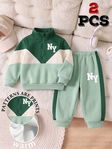 Baby Boys NY Letter Graphic Colorblock Quarter Zip Sweatshirt And Sweatpants 2 Pieces Outfit Set - Multicolor - View 4