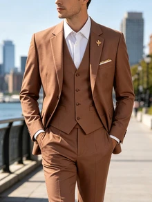 EGENSIO Men's Solid Color Single-Breasted Vest, Long Sleeve Jacket And Trousers Fashion Suit 3 Pieces Set - Coffee Brown - View 1