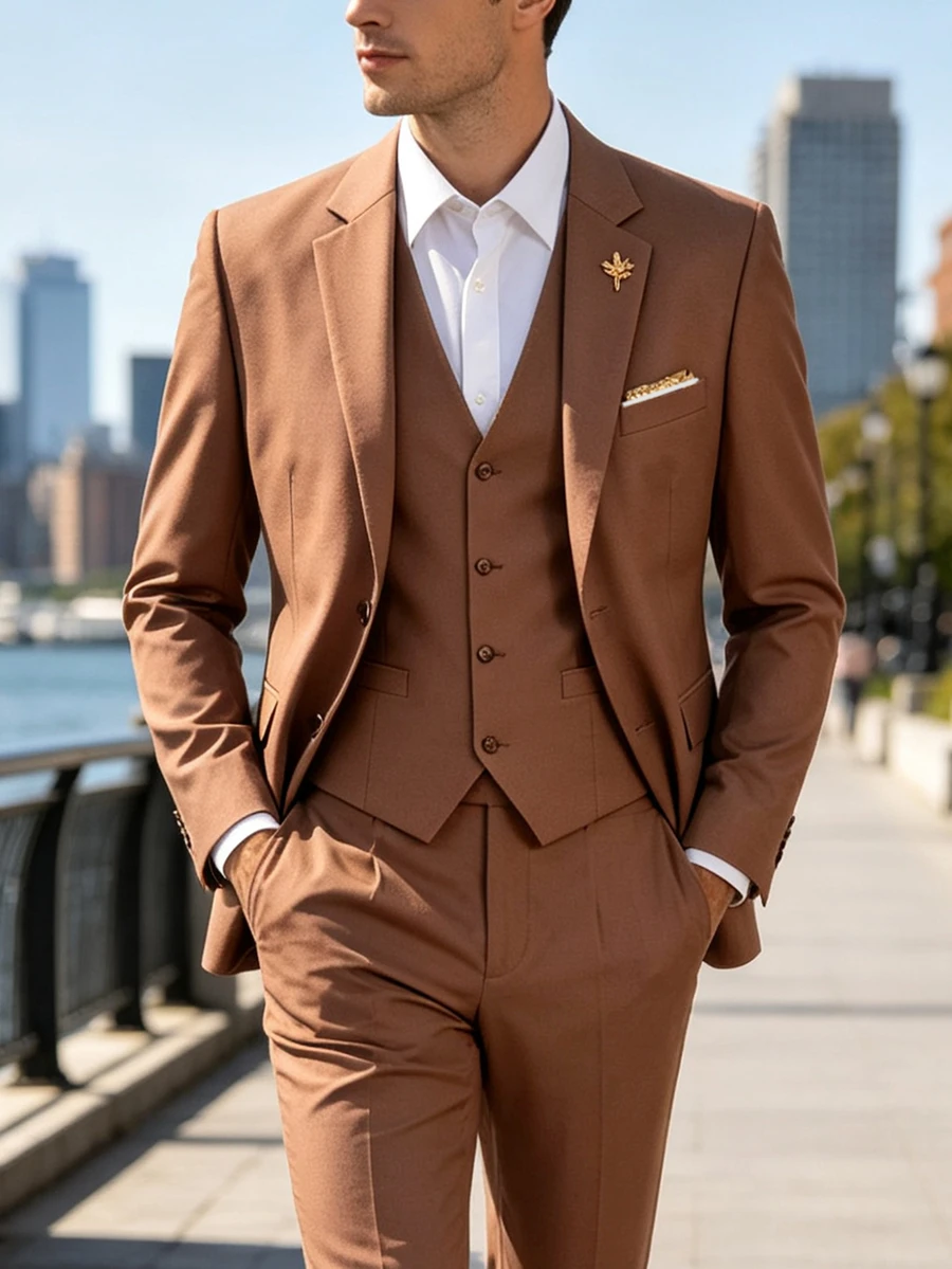 EGENSIO Men's Solid Color Single-Breasted Vest, Long Sleeve Jacket And Trousers Fashion Suit 3 Pieces Set - Coffee Brown - View 1