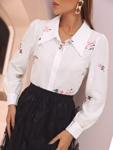Modelyn Spring/Autumn Pink Embroidered Button-Front Shirt With Collar - Multicolor - View 2