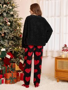 CoupledUp Women's Thick Plush Twisted Knit Heart & Letter Embroidered Long Sleeve Top And Heart Print Long Pants Pajama Set - Black - View 5