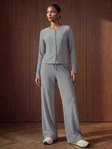 Zivah Women's Striped Button Long Sleeve Top And Drawstring Waist Pants Sportswear Set - Multicolor - View 4