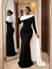 SHEIN Lady Plus Size Women's Colorblock Pleated Casual Party Dress - Black and White - View 5