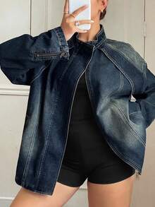 Dazy Plus Plus Size Women's Casual Daily Vintage Denim Jacket - Dark Wash - View 7