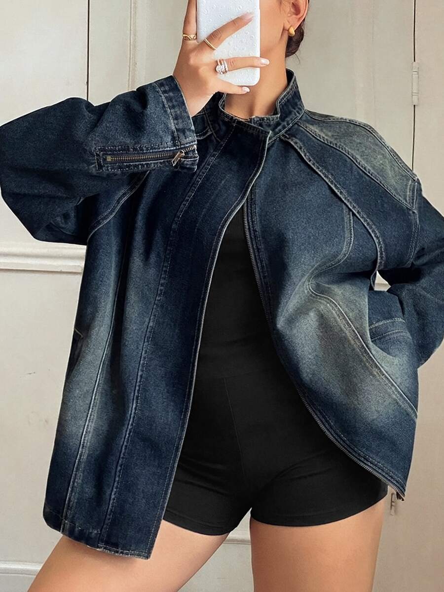 Dazy Plus Plus Size Women's Casual Daily Vintage Denim Jacket - Dark Wash - View 1