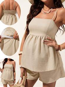 SHEIN Women's Casual Vacation Solid Color Ruffle Collar Cardigan & Shorts Maternity Set, Spring/Summer - Apricot - View 10