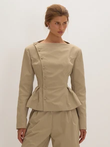 MUSEYN Stone Woven Peplum Hem Blazer Versatile Everyday Casual Chic New Season Fall - Khaki - View 1