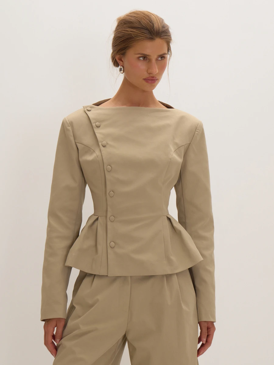 MUSEYN Stone Woven Peplum Hem Blazer Versatile Everyday Casual Chic New Season Fall - Khaki - View 1