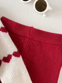 SHEIN 女嬰針織3D蝴蝶結與愛心圖案圓領毛衣長褲兩件套，適合秋冬聖誕節 - 紅白色 - 查看 3