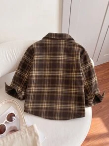 SHEIN Playful Pals 女童休閒格紋前扣襯衫，長袖復古領口襯衫外套，適合秋季假期穿搭與日常上學穿著 - 棕色 - 查看 2
