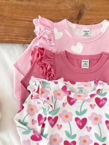 SHEIN 3pcs -Pack Atasan Lengan Panjang Motif Hati dengan Detail Ruffle untuk Bayi Perempuan - MultiWarna - View 5