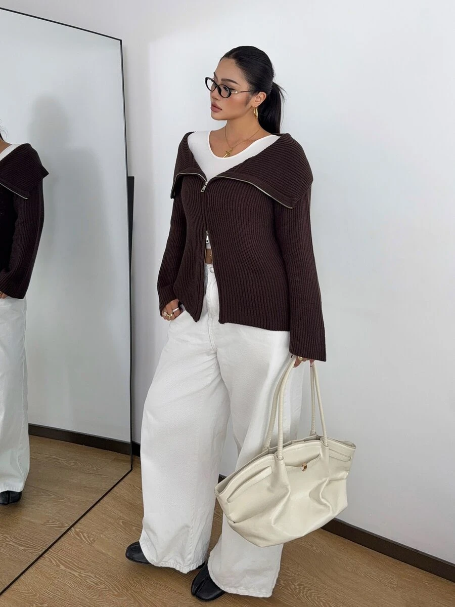 POPSWAY Plus Size Women's Plus Size Collar Double Zipper Solid Dark Brown Ribbed Knit Short Cardigan, Long Sleeve, Suitable For Spring/Autumn/Winter/Back To School/Daily Commute/Outing/Indoor/Outdoor/Date Wear, Versatile Solid Color Knit Cardigan - Coffee Brown - View 1