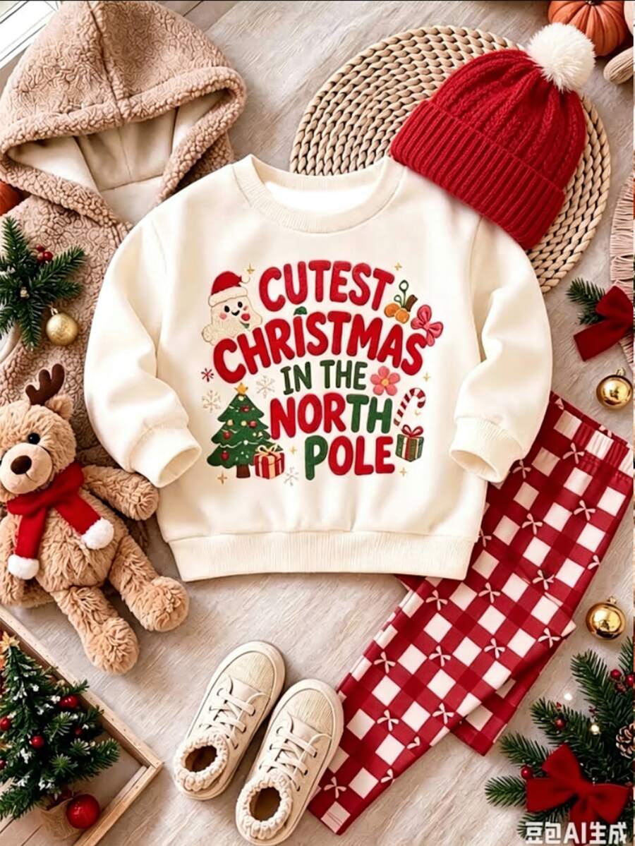 1 Set Baby Girls Cute Christmas Pattern Printed Fuzzy Crew Neck Long Sleeve Sweatshirt Pullover And Matching Bow Print Leggings Set, Suitable For Autumn/Winter - Multicolor - View 1