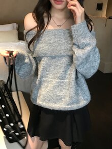 DAZY Women's Off-Shoulder Korean Style Long Sleeve Autumn/Winter Elegant Sweater - Grey - View 4