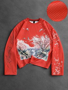 ROMWE MEN Men's Round Neck Casual Cherry Blossom Waffle Knit Long Sleeve T-Shirt - Red - View 5
