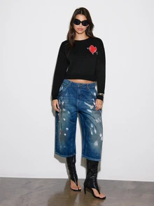 BAD SUNDAY Sweater Retro Motif Hati untuk Wanita, Gaya Y2K, Musim Gugur/Dingin - Hitam - View 3