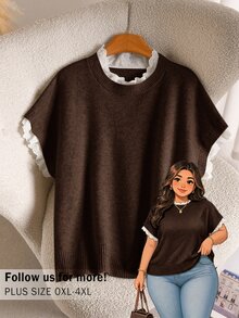 CosyJoli 大尺碼女款優雅法式休閒拼接蕾絲針織背心毛衣上衣，秋冬款 - 咖啡棕 - 查看 3