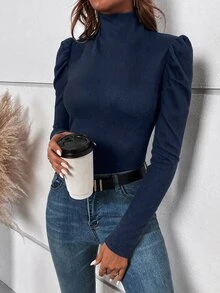 SHEIN Clasi 女款秋季簡約鈕扣裝飾泡泡袖高領長袖T恤 - 藏蓝色 - 查看 3
