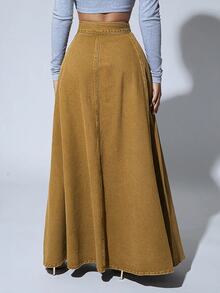 SHEIN SXY 女款休閒牛仔裙，鈕扣腰頭 - 黃色 - 查看 6