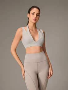 OutZeal Women Sports Bra Gym Workout Yoga Quick-Dry Bra-In Deep V Halter-Neck Bra - Light Grey - View 6