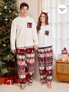 CoupledUp Women's Fashion Christmas Style Printed Long Sleeve Long Pants Comfortable Flannel Fabric Pajama Set - White - View 1