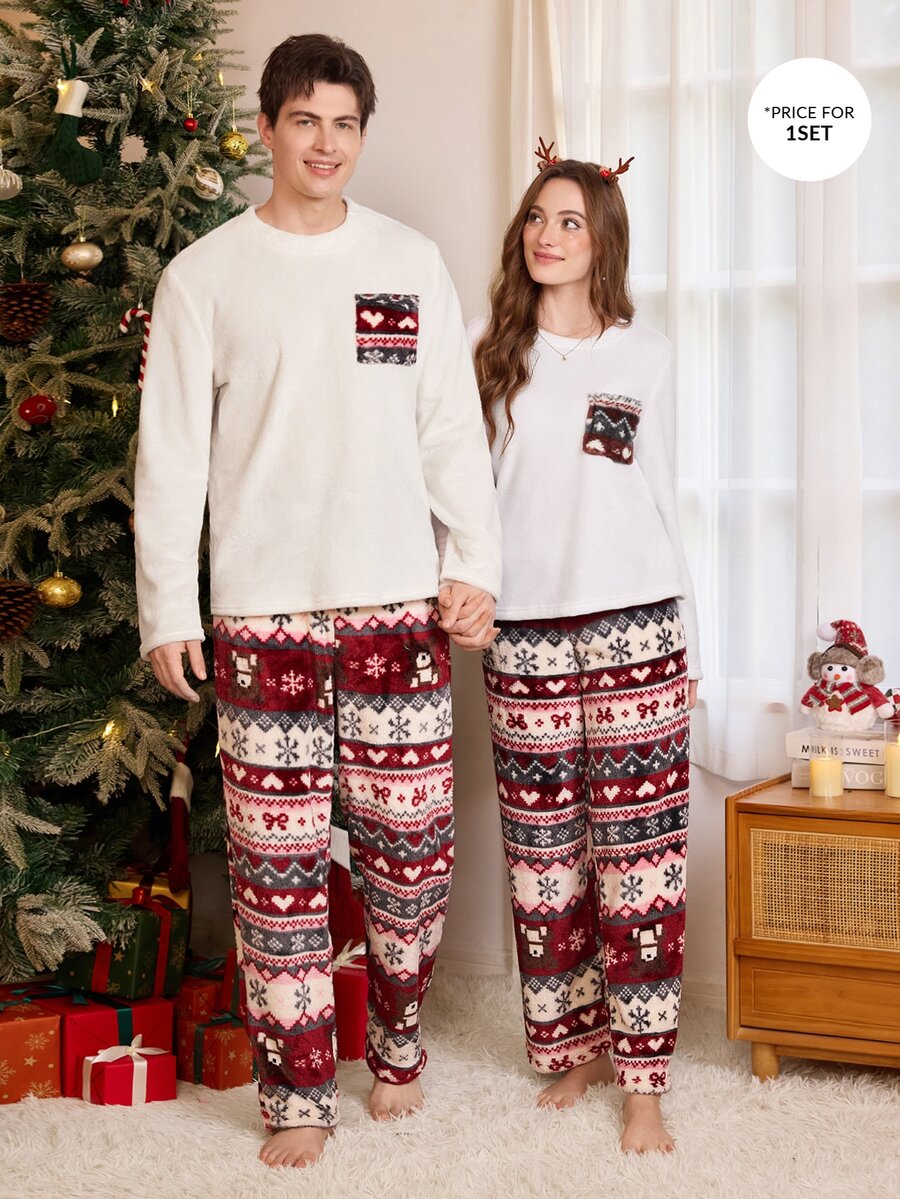 CoupledUp Women's Fashion Christmas Style Printed Long Sleeve Long Pants Comfortable Flannel Fabric Pajama Set - White - View 1