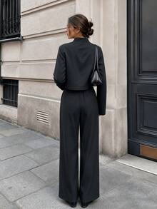 SHEIN PariChic New Chinese Style Black Suit Set For Women, Stand Collar Frog Button Short Blazer + High Waist Wide Leg Pants, Zen Inspired 2 Pieces Set - Black - View 2