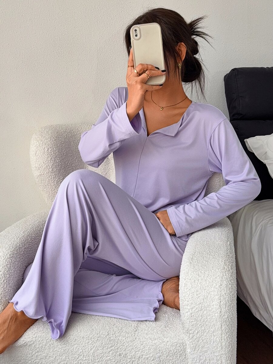 DAZY Women's Solid Color Long Sleeve Top And Pants Pajama Set - Purple - View 1