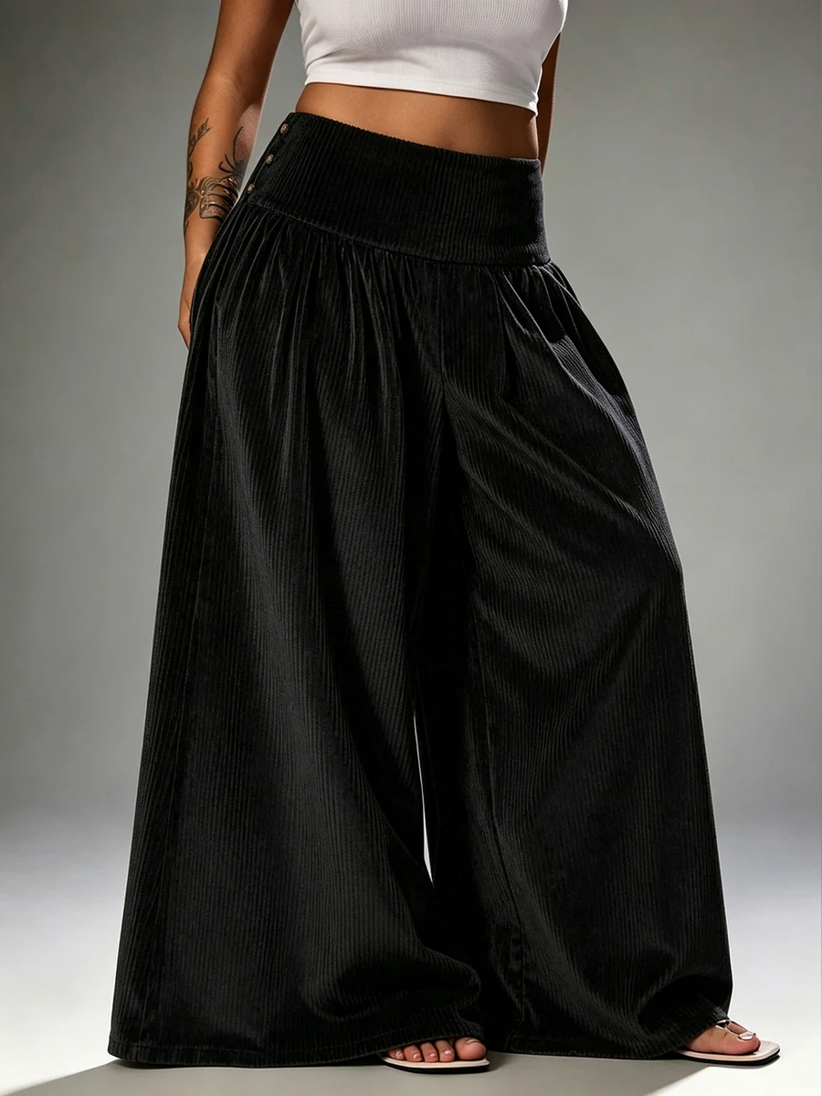 Rustia Plus Size Cinched Waist Corduroy Wide Leg Pants, Draped Casual Women's Trousers, Daily Commute Party Outfit Pants Fall - Black - View 1