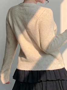 Dazy Plus Women's Elegant Contrast Color Bow Cardigan Sweater, Versatile Autumn Top - Apricot - View 3