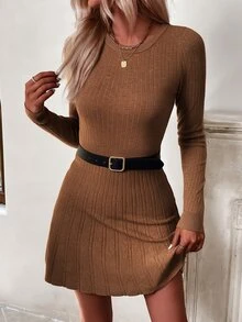 SHEIN 女款純色圓領長袖休閒針織洋裝，秋季 - 鏽棕色 - 查看 3