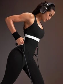 Powerista بدلة نسائية كاجوال يومية للسفر والرياضة بتصميم كتل لونية - أبيض وأسود - مشاهدة 6