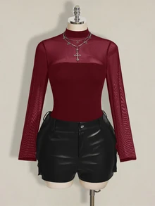 SHEIN ICON 大尺碼 Y2K 性感網紗拼接連身衣 - 酒紅色 - 查看 7