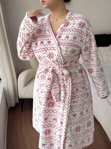 Napfluff CURVE Napfluff CURVE Christmas Fair Isle Snowflake Bow Pattern Plush Long Sleeve Drop Shoulder Pocket Plus Size Women's Robe - Multicolor - View 6