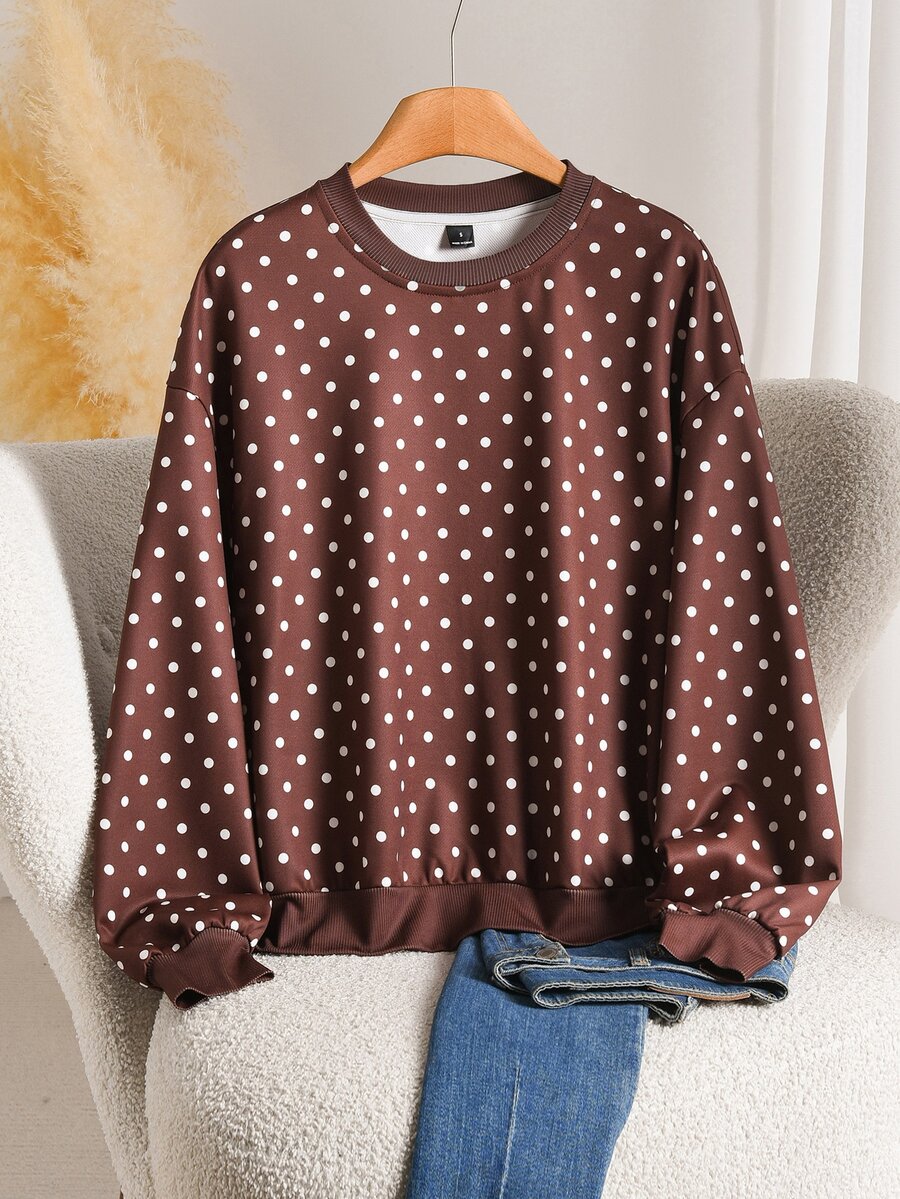 CosyJoli Women's Polka Dot Casual Long Sleeve Sweatshirt For Daily Wear - Burgundy - View 1