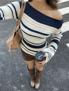 Autumina Women's Casual Versatile Fitted Contrast Color Striped Bell Sleeve Daily Commute Outfit Autumn/Winter Asymmetrical Shoulder/Regular Shoulder Sweater - Multicolor - View 1