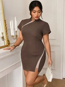 EastFlair Plus Size Women's Short Sleeve Contrast Mesh Fitted Dress - Brown - View 6