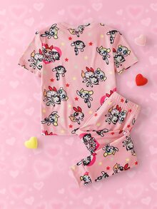 THE POWERPUFF GIRLS X SHEIN 女童圓領短袖上衣與長褲居家休閒套裝 - 粉色 - 查看 2