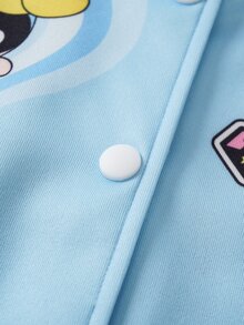 THE POWERPUFF GIRLS X SHEIN Tween Girl Letter Cartoon Print Baseball Collar Jacket - Multicolor - View 6
