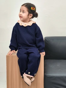 DAZY Baby Girl Contrast Color Long Sleeve Top And Pants Casual Everyday Knit Set - Grey - View 1