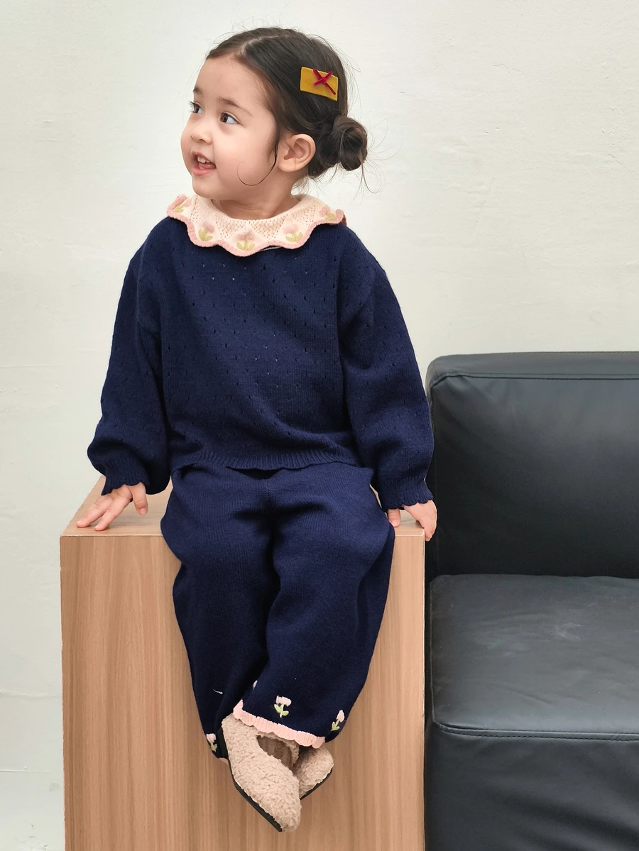 DAZY Baby Girl Contrast Color Long Sleeve Top And Pants Casual Everyday Knit Set - Grey - View 1