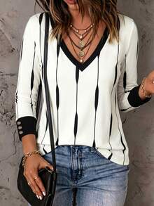 SHEINBlues Women's Striped V-Neck Button Cuff Casual T-Shirt - Multicolor - View 3