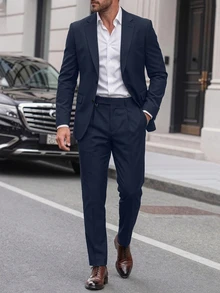 Manfinity Mode Men's Slim Fit Suit Set,Elegant Black Summer Formal Two-Pieces Blazer And Trousers For Dinner,Business,Wedding,Old Money Style Classic Suits,Ceremony - Navy Blue - View 6
