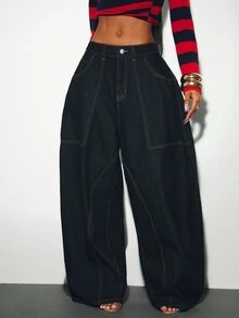 Denimoi Oversized Barrel Jeans Baggy Jeans Boyfriend With Oversized Pockets Fashionable Streetwear - Dark Wash - View 5