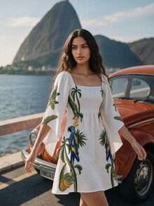 CAJUNI Short-Sleeve Dress With Tropical Macaw And Toucan Print - Multicolor - View 5