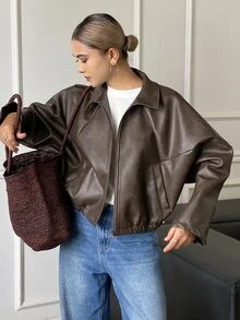 DAZY Women's Elegant PU Material Jacket With Pockets And Zipper - Brown - View 8